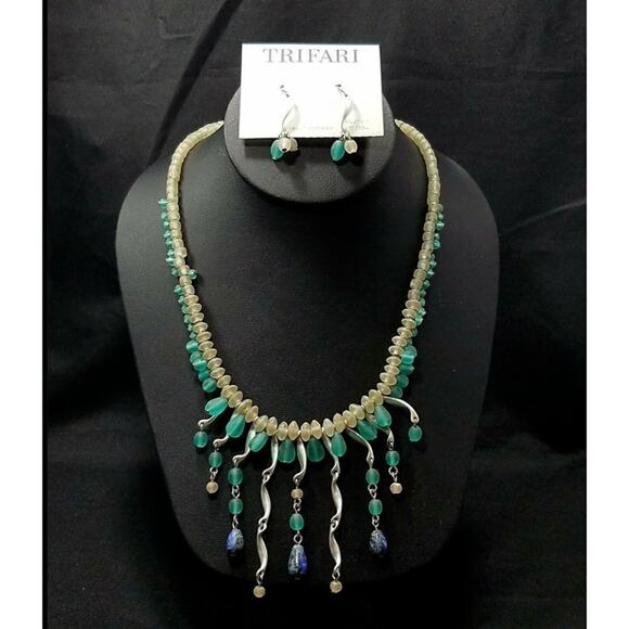 Trifari Jewelry - Trifari Fringe Teal Green Frosty Beaded Silver Necklace & Earrings Set, NWT